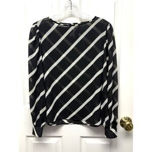 Vintage Chaus Blouse Sheer Black White Stripes Puffy Sleeves Women’s Size 8
